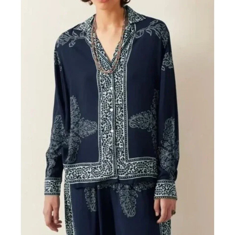 Alix Of Bohemia Women’s Bohemian Blue Tencel Button Up Blouse Long Sleeve Medium - Picture 1 of 5